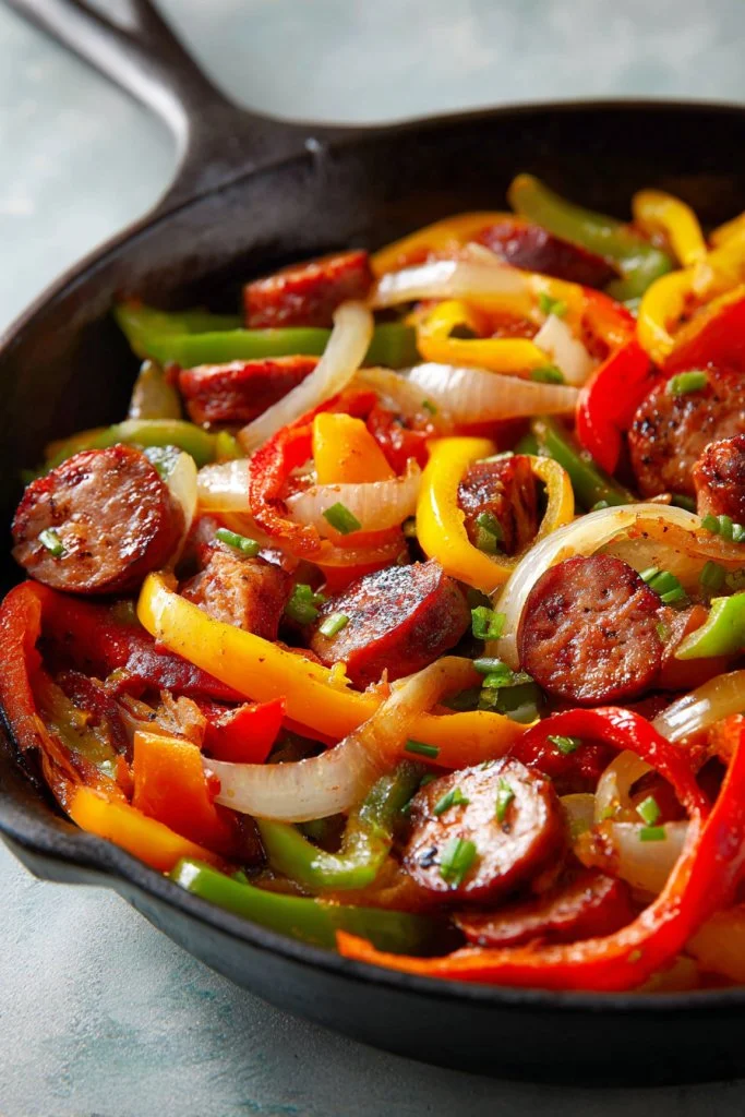 Delicious dish of sausage, peppers, and onions served on a plate.