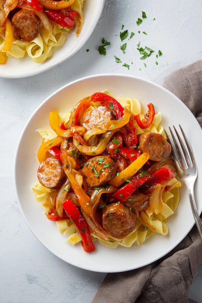 Delicious sausage, peppers, and onions dish served in a skillet