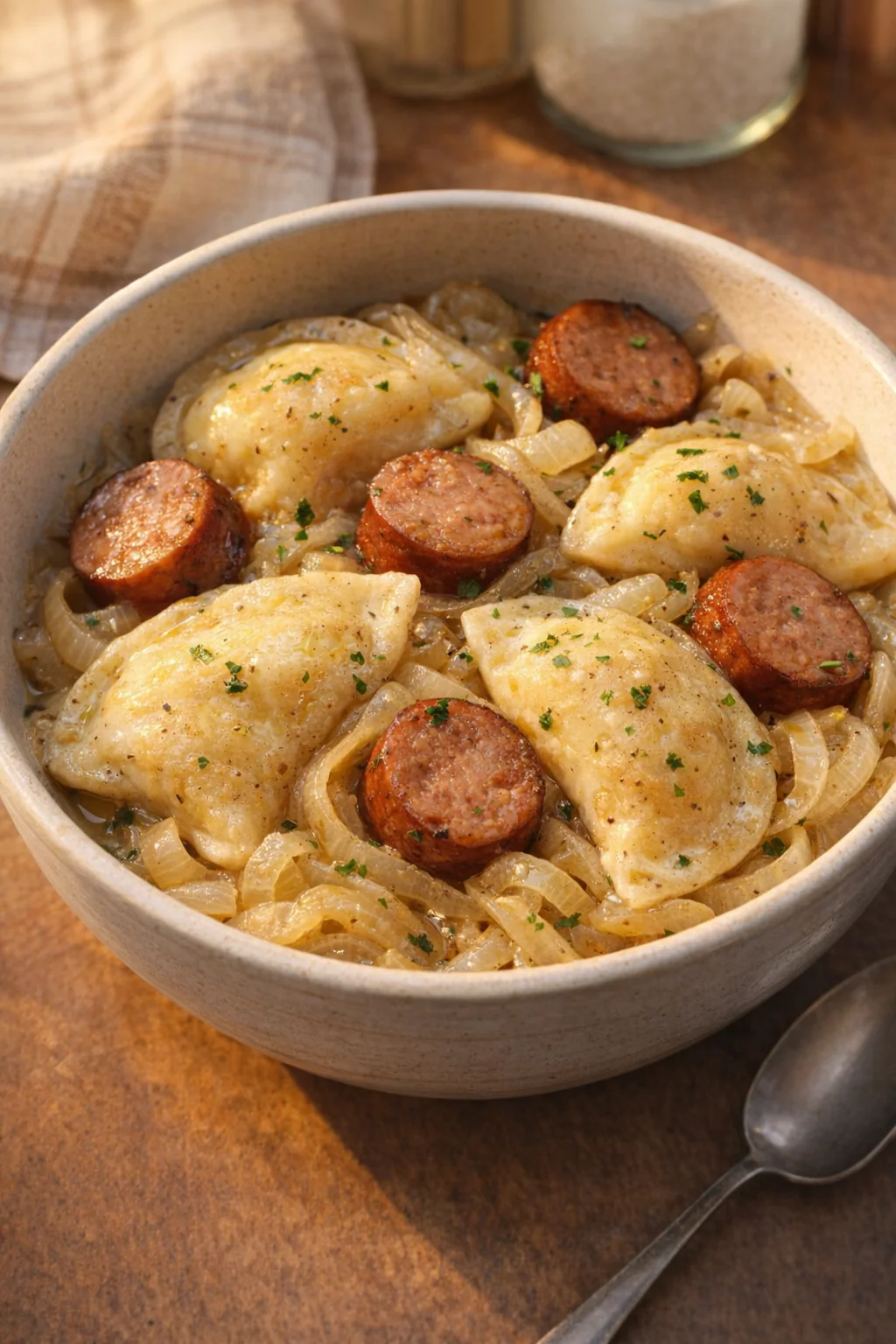 Bowl of sausage, pierogies, and onions