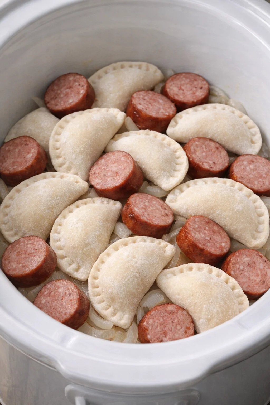 Frozen pierogies and sausage pieces layered in a slow cooker