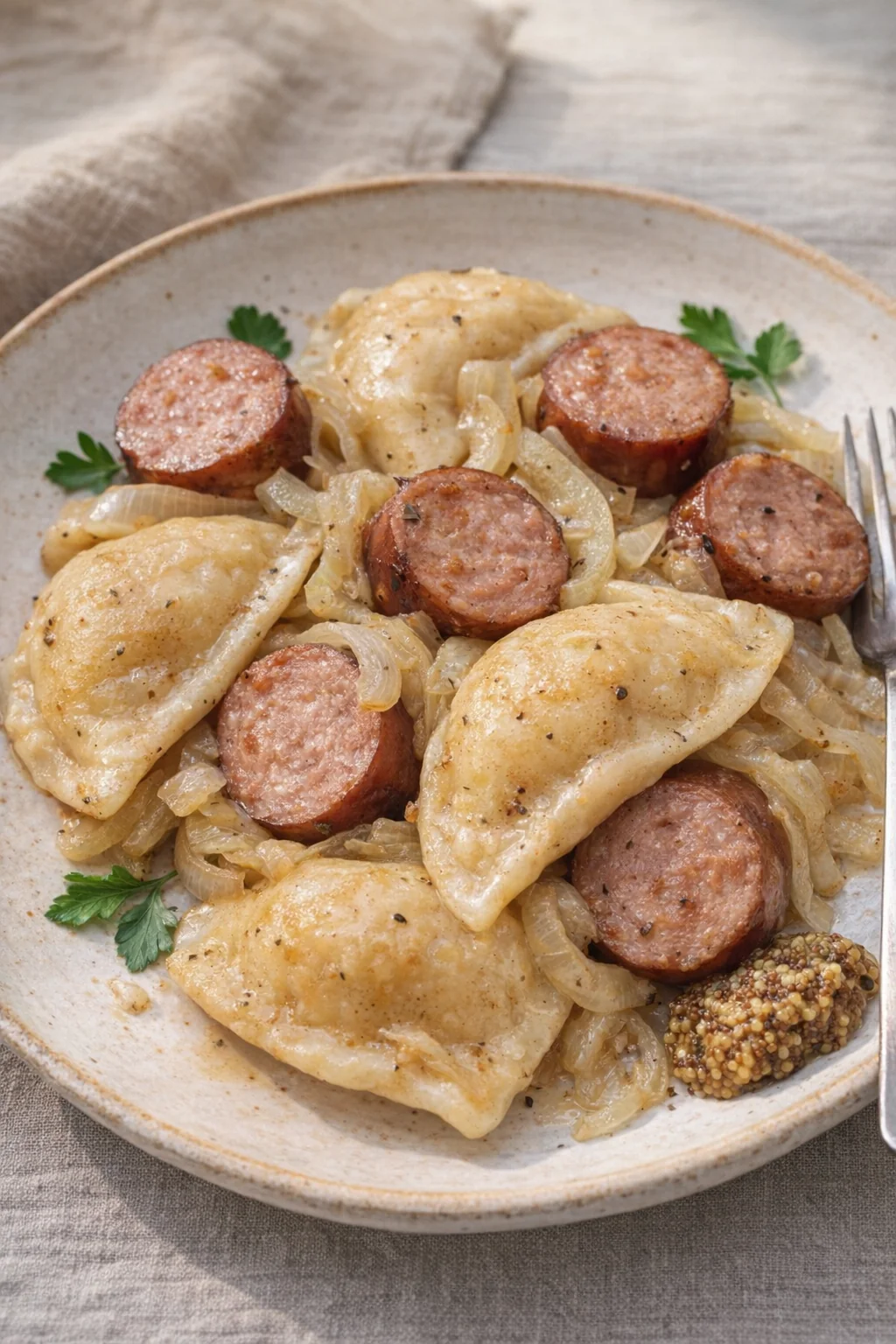 Serving of smoked sausage and pierogies with mustard