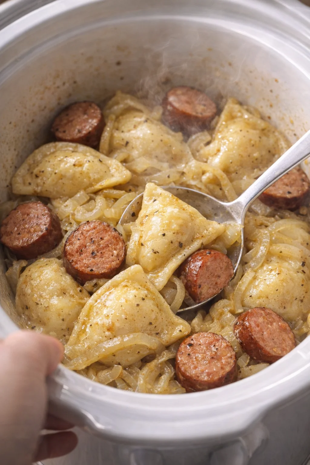 Cooked sausage and pierogies being gently stirred