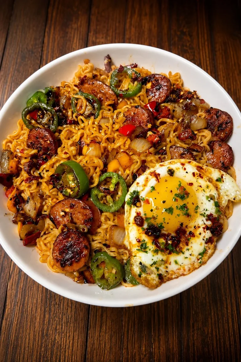 Delicious Sausage Ramen topped with a fried egg in a bowl