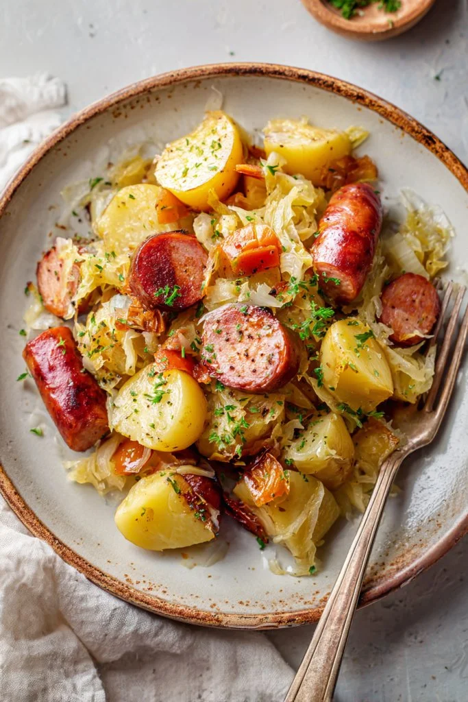 Sausage, sauerkraut, and potatoes dish served on a plate