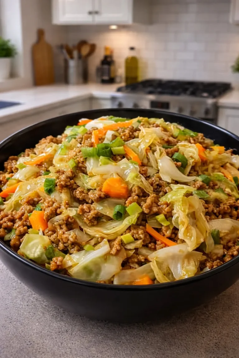 A vertical, close-up shot of a large black bowl filled with savory ground beef and shredded cabbage stir fry. The dish features visible pieces of orange carrots and is garnished with bright green sliced onions. The background shows a modern, bright white kitchen with a soft-focus stove and wooden cutting boards.