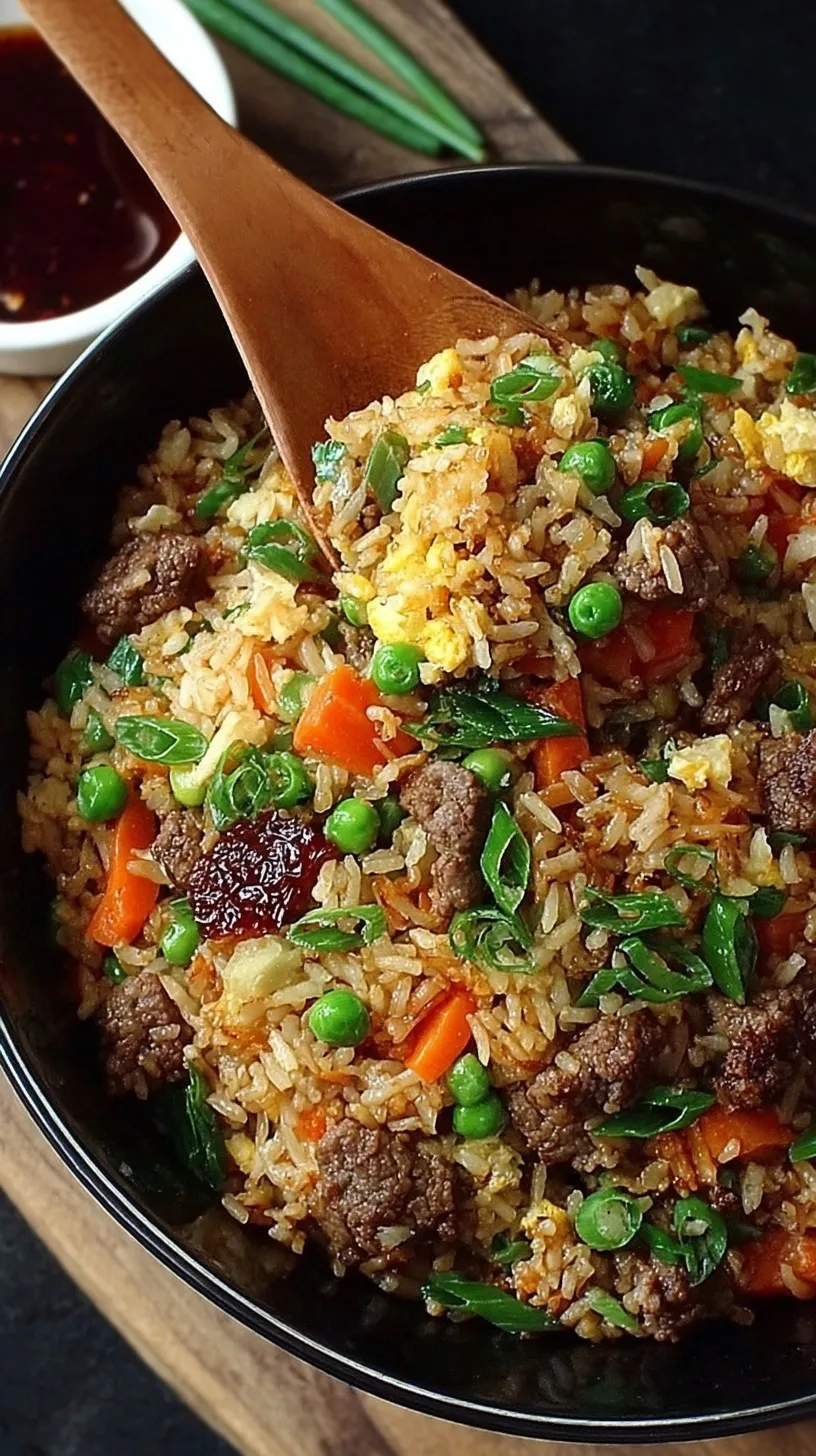 A steaming bowl of savory beef fried rice with steak slices, peas, and carrots