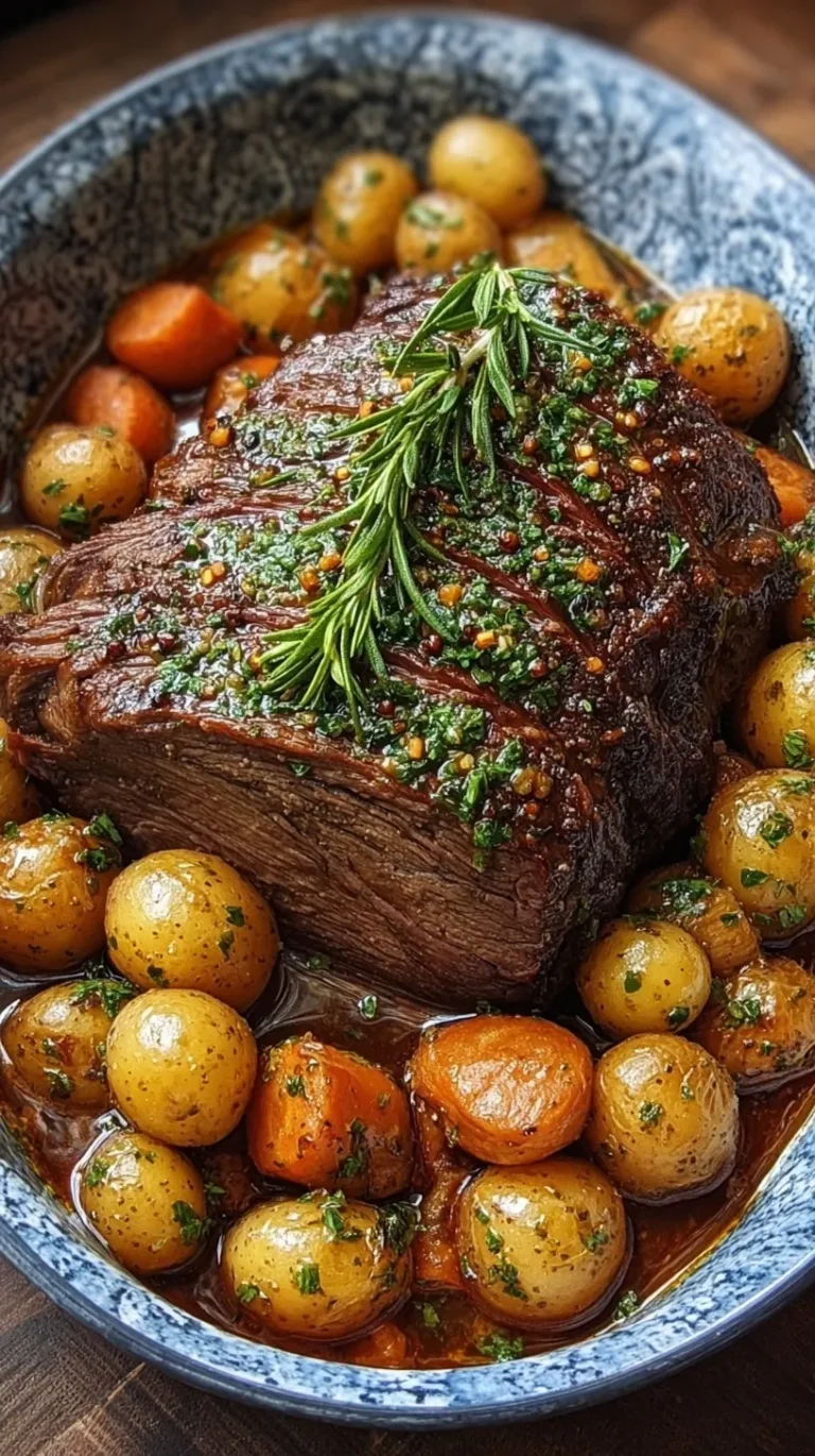 A tender beef chuck roast with baby potatoes and carrots in a rich herb broth inside a Dutch oven.