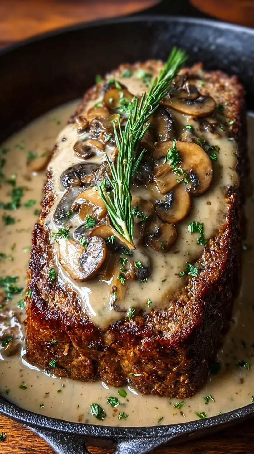 A thick slice of meatloaf topped with rich mushroom and onion gravy on a white plate.