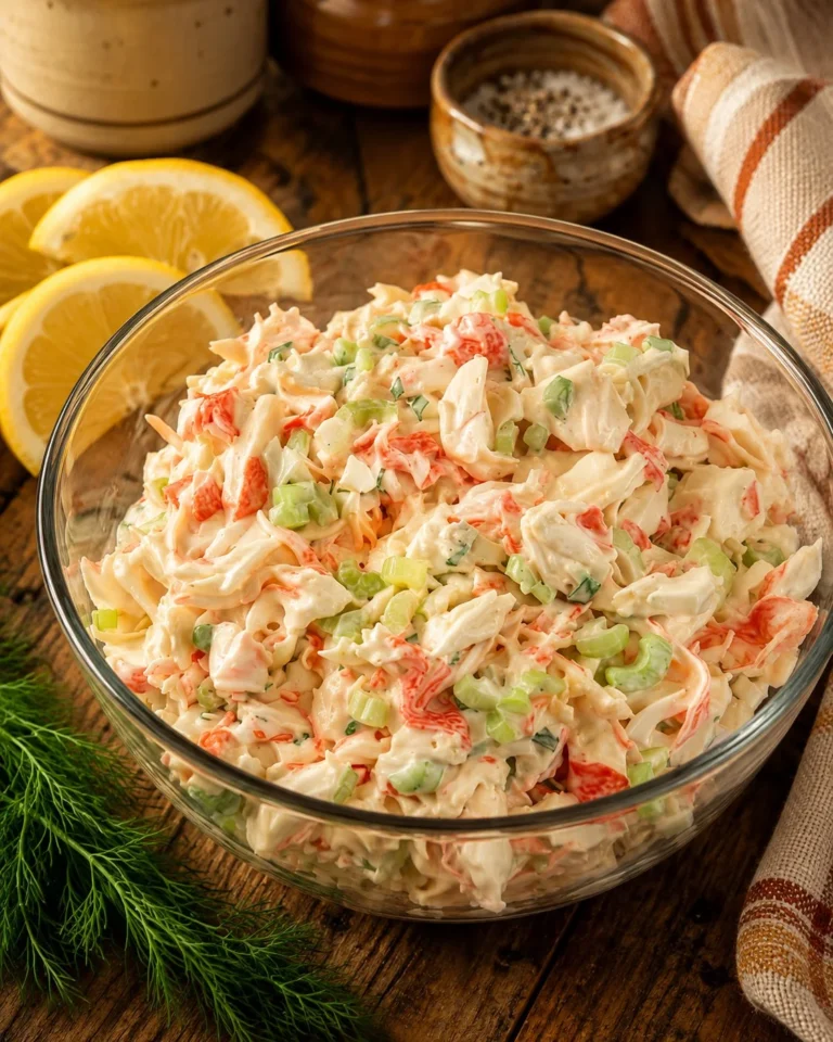 Delicious seafood salad with shrimp, crab, and fresh vegetables