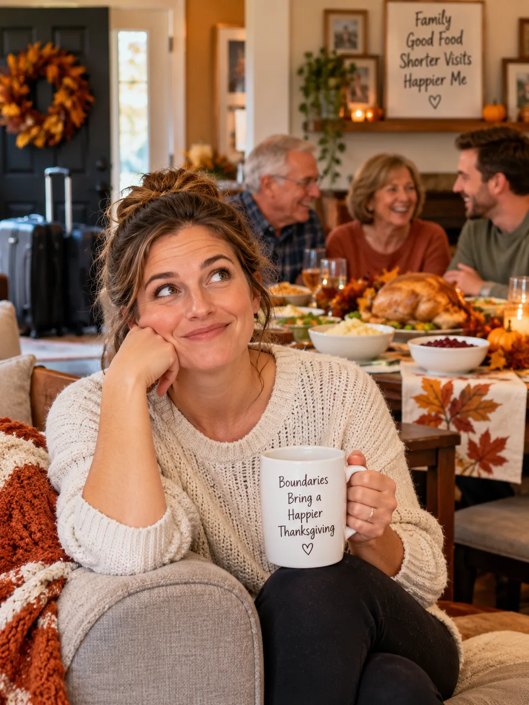Woman smiling with a coffee mug during a cozy Thanksgiving family dinner after setting a two-night visit limit with her in-laws.