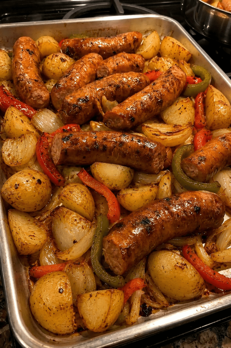 Sheet pan sausage and potatoes with roasted peppers and onions