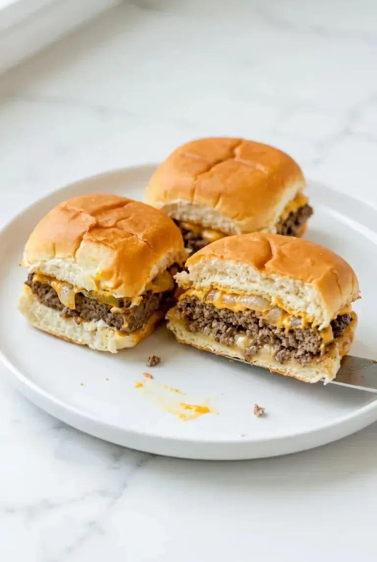 Two cut cheeseburger sliders showing beef and melted cheese