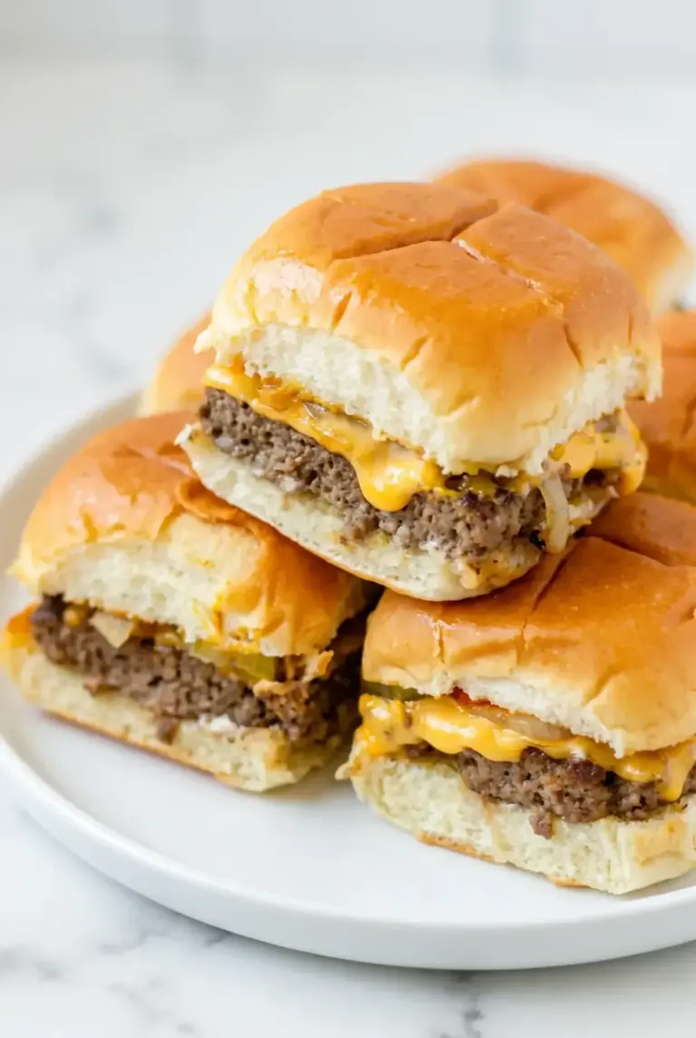 Homemade sheet pan cheeseburger sliders on a white plate