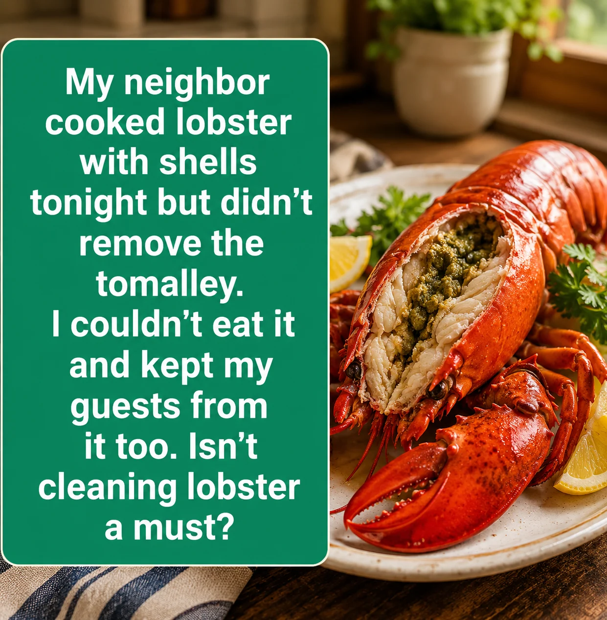 Cooked whole lobster on a plate with claws, tail, and shell ready to be cleaned