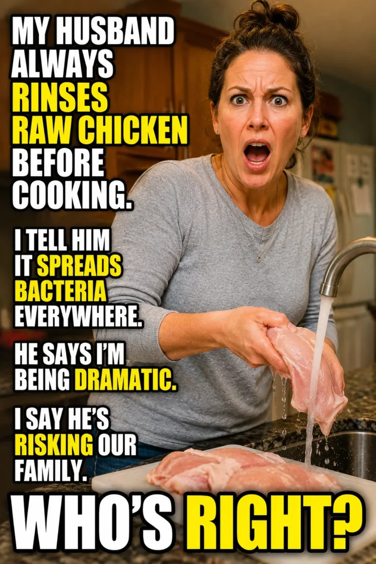Person rinsing raw chicken under running water in a kitchen sink