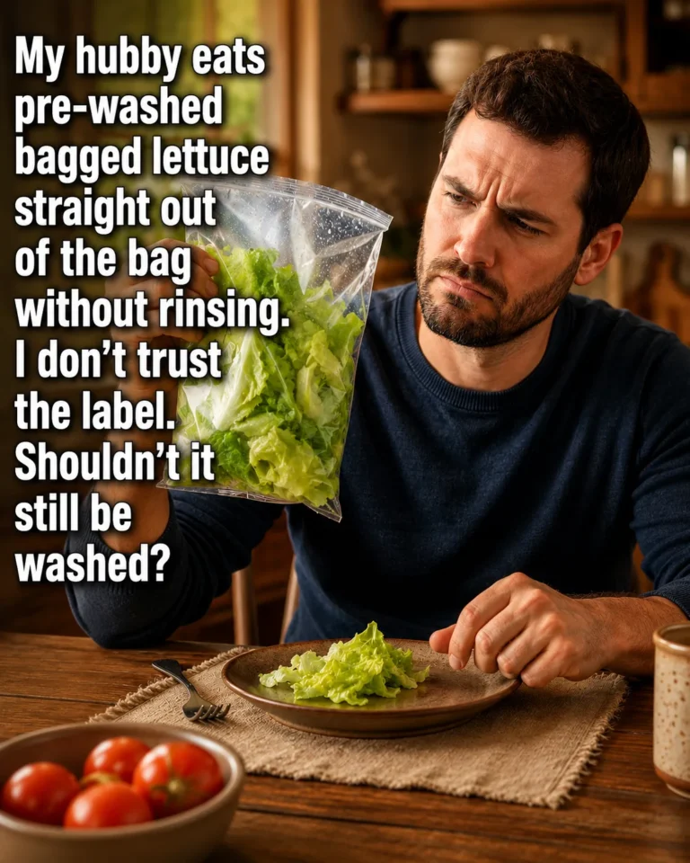 Bag of pre-washed lettuce being poured into a salad bowl without rinsing