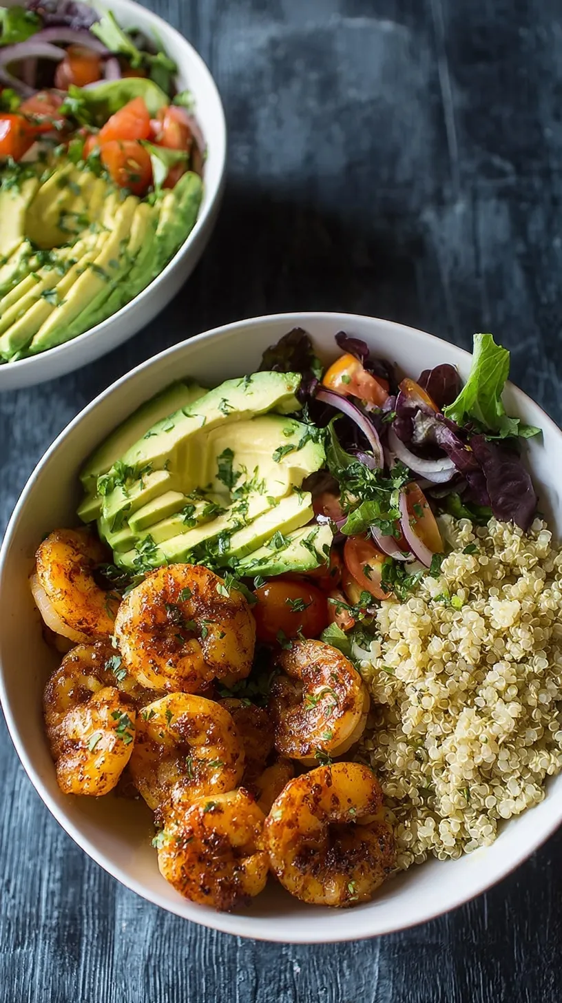A vibrant Shrimp Avocado Quinoa Bowl with sautéed shrimp, sliced avocado, and cherry tomatoes.