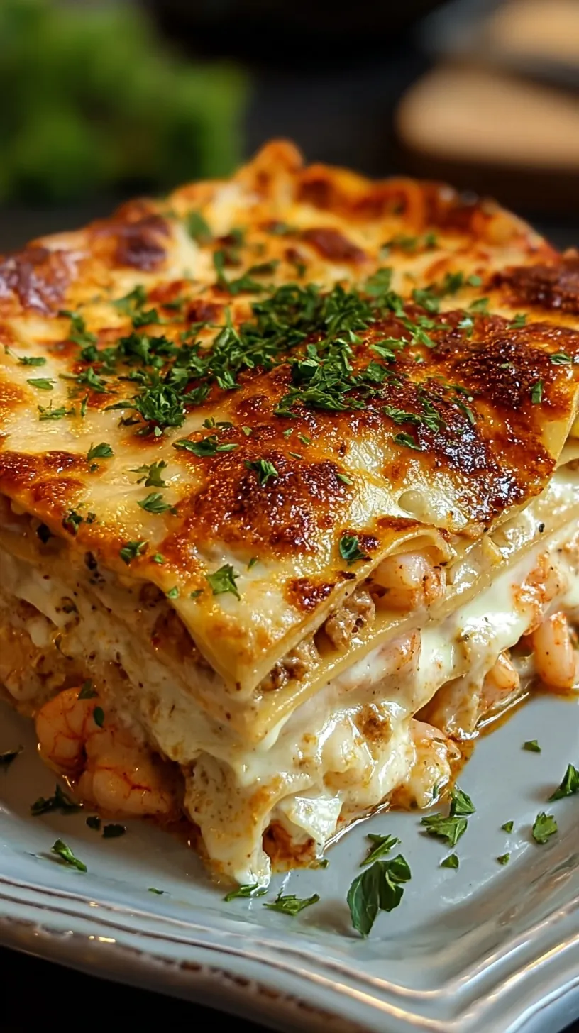 A golden brown slice of Shrimp & Cheese Lasagna on a white plate with melted mozzarella.
