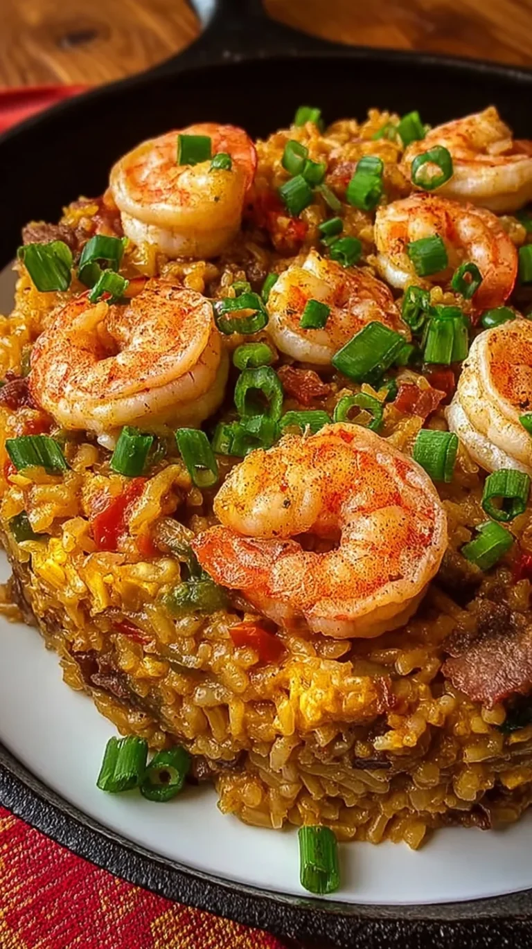A steaming skillet of shrimp dirty rice with green onions and parsley