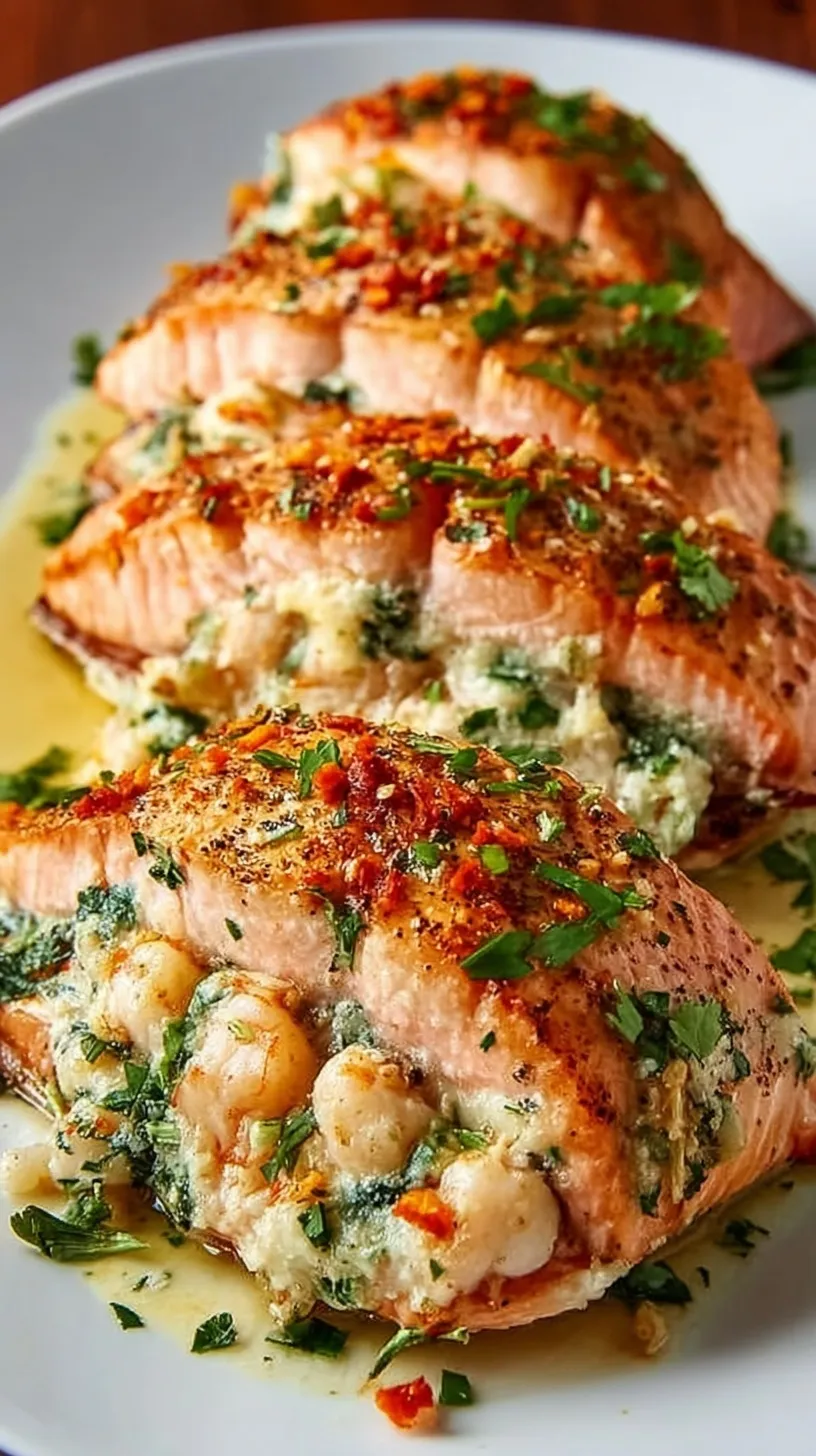 Baked salmon fillets stuffed with a savory shrimp and herb filling on a baking sheet.