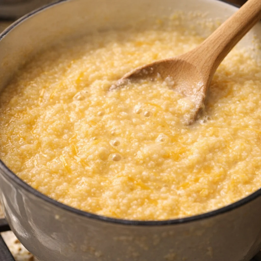 Thick stone-ground grits simmering in a saucepan