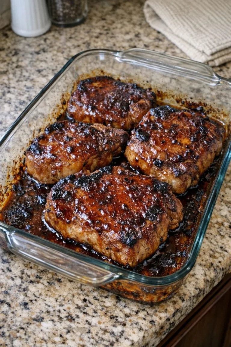 Oven-baked barbecue pork chops served on a plate with a side of vegetables