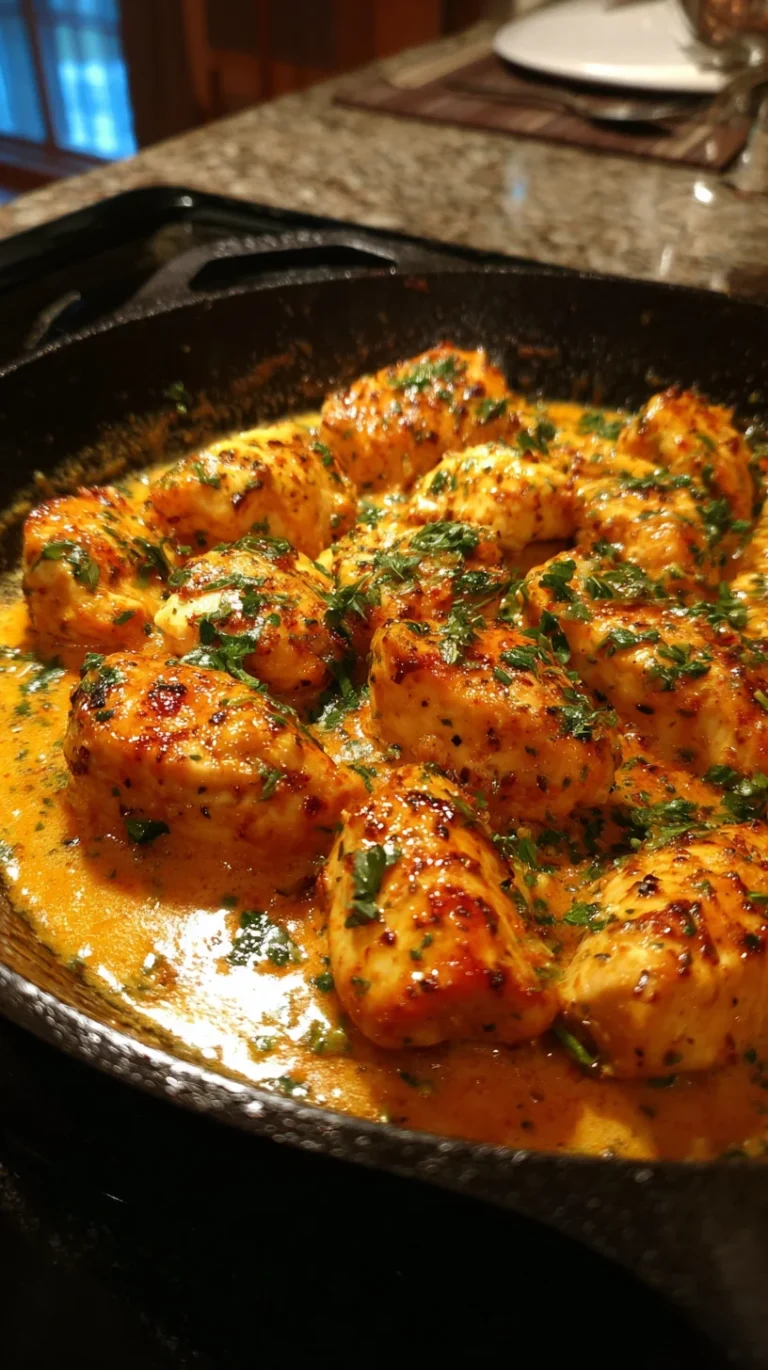 A vertical, high-angle close-up of a black cast-iron skillet filled with garlic butter chicken bites. The golden-brown, seasoned chicken pieces are glistening in a rich, orange-tinted butter sauce and are heavily garnished with freshly chopped green parsley. The background shows a dimly lit kitchen countertop with a blurred dinner plate.