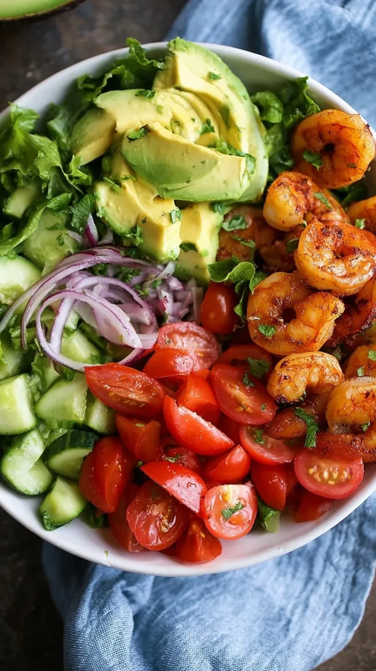 A bright bowl of Skinny Shrimp Avocado Salad with lime dressing and cilantro.