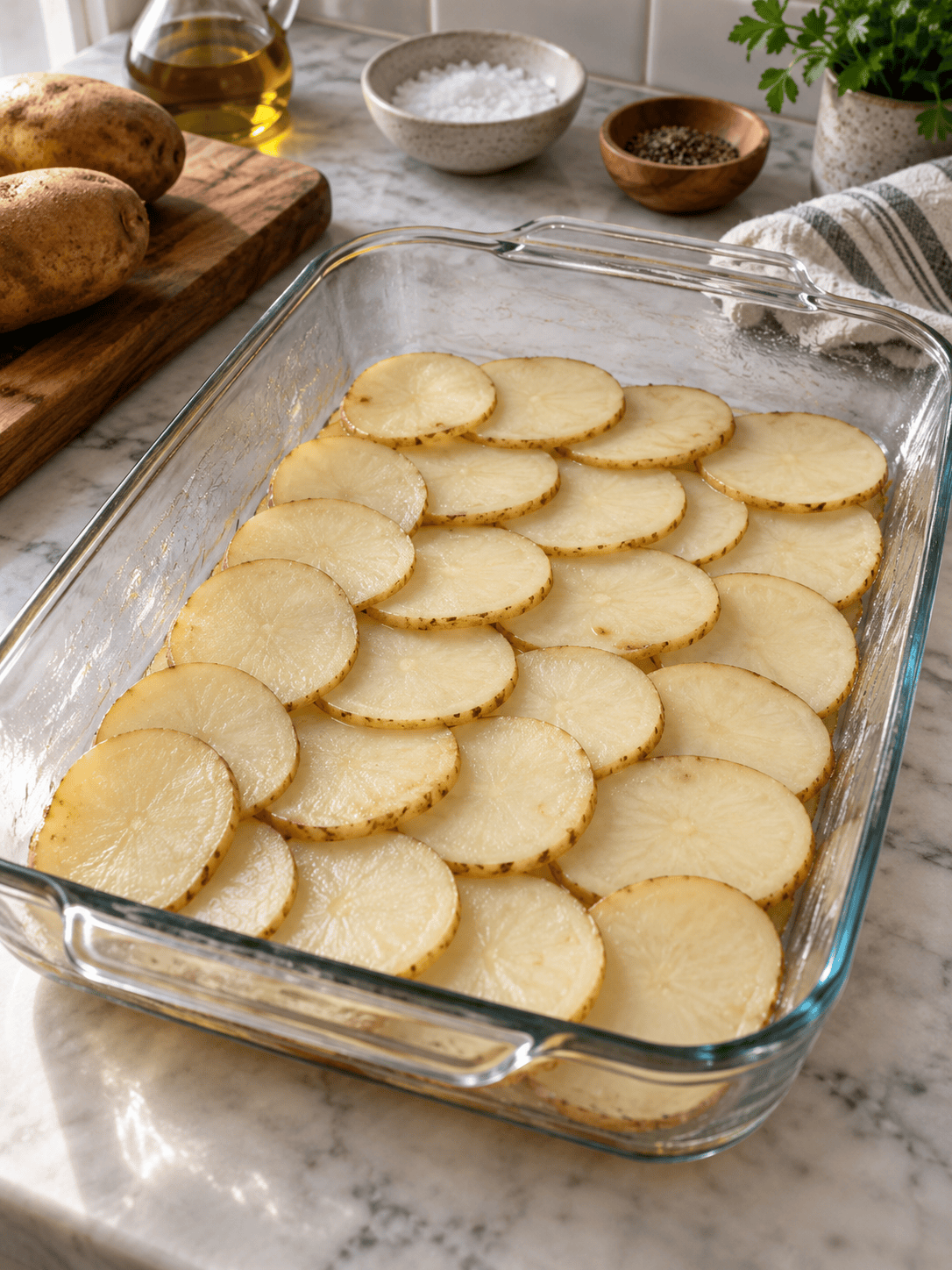 Thin potato slices arranged in a glass casserole dish