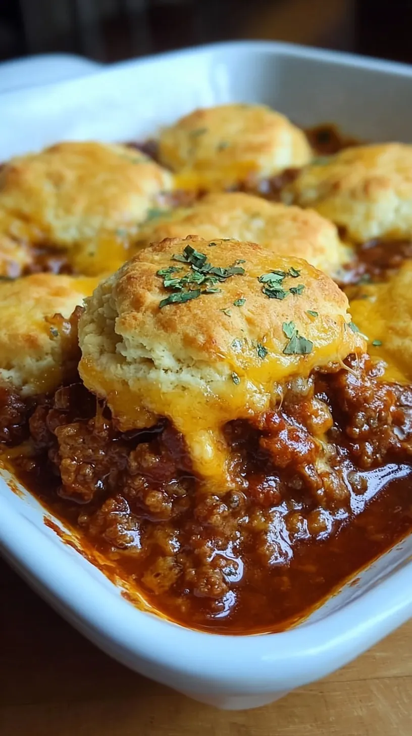 A 9x13 baking dish filled with Sloppy Joe meat, topped with golden brown biscuit quarters and melted cheddar cheese.