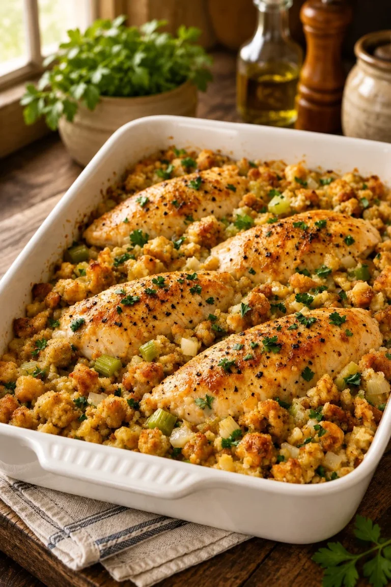 Delicious slow baked chicken casserole with stuffing ready to serve.