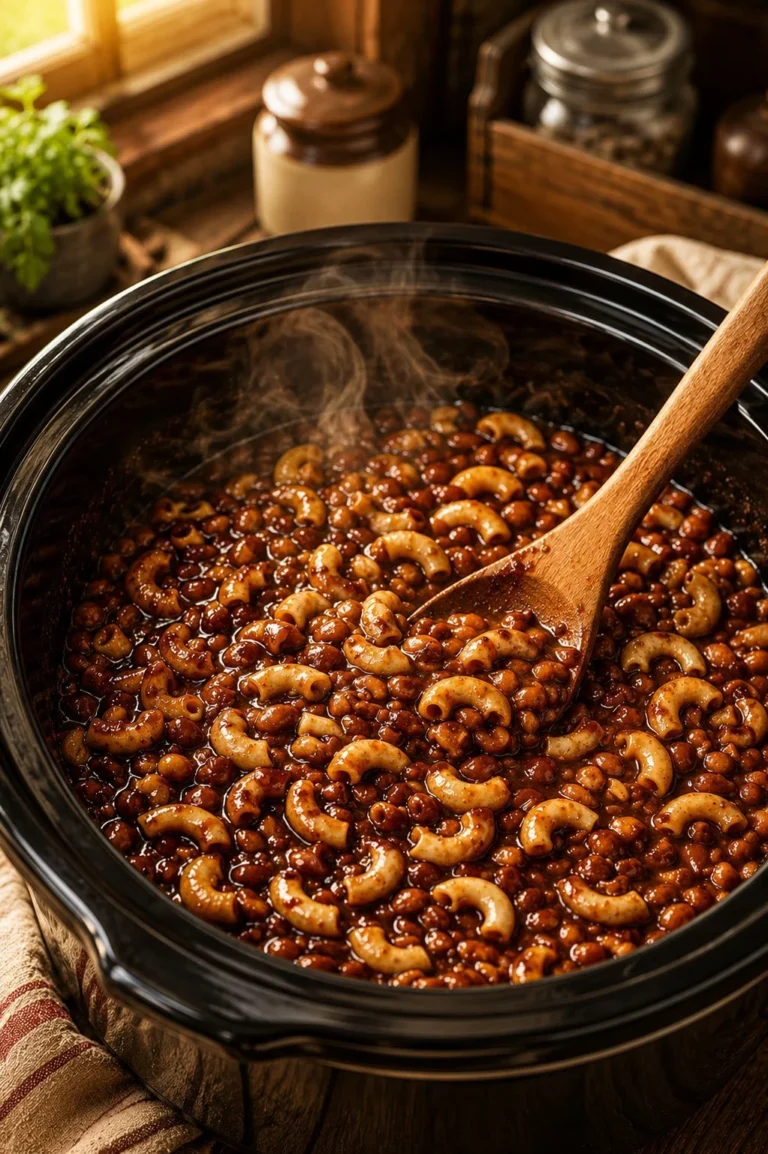 Slow Cooker 3-Ingredient Baked Bean Macaroni dish served in a bowl