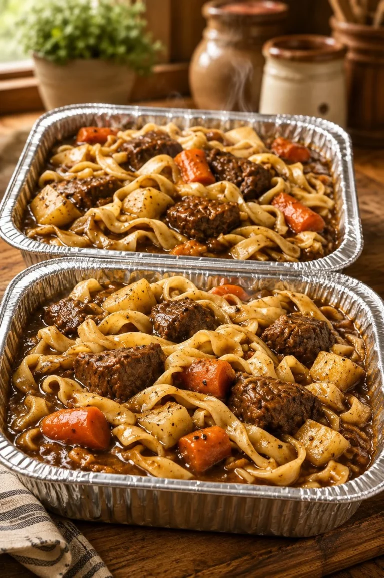 Slow Cooker 3-Ingredient Beef Stew with Noodles in a bowl