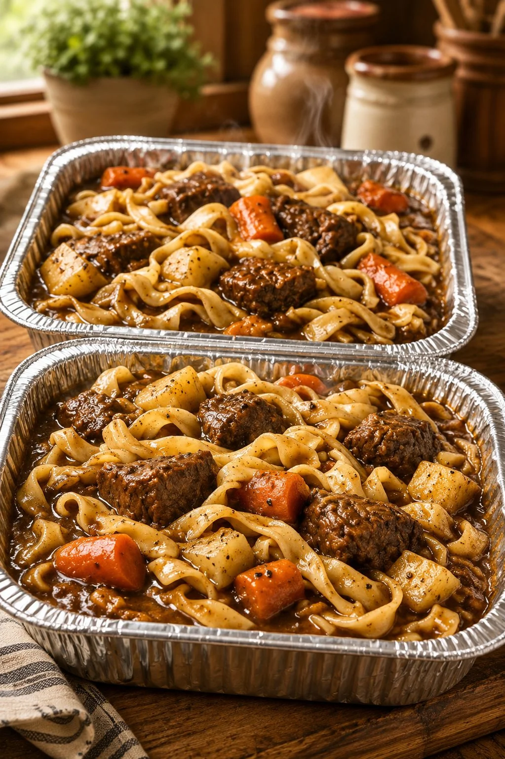 Slow Cooker 3-Ingredient Beef Stew with Noodles in a bowl