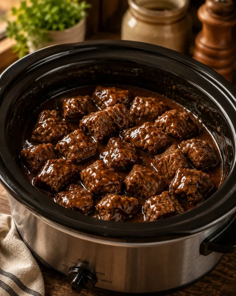 Slow cooker beef tips made with three ingredients served in a bowl.