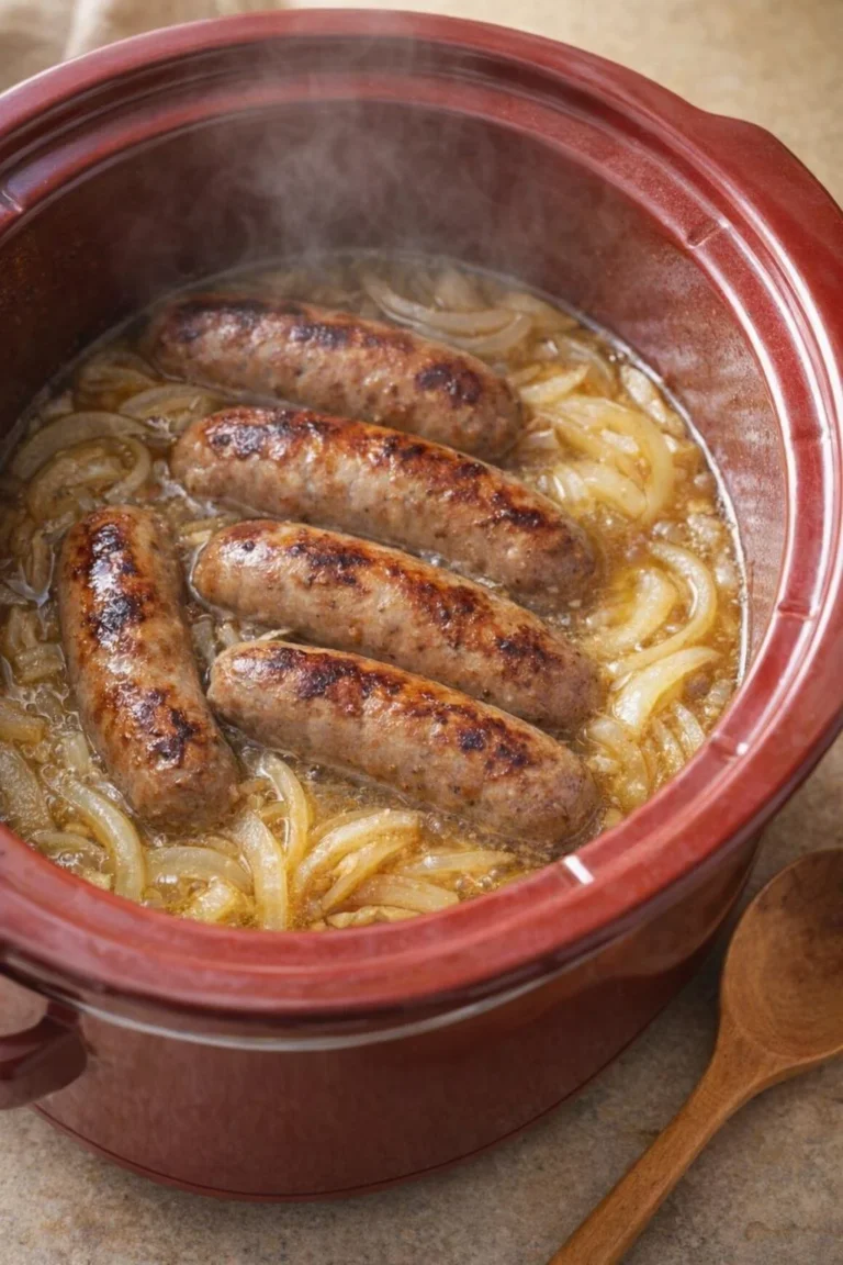 Delicious slow cooker 3 ingredient beer brats served in a bun with toppings
