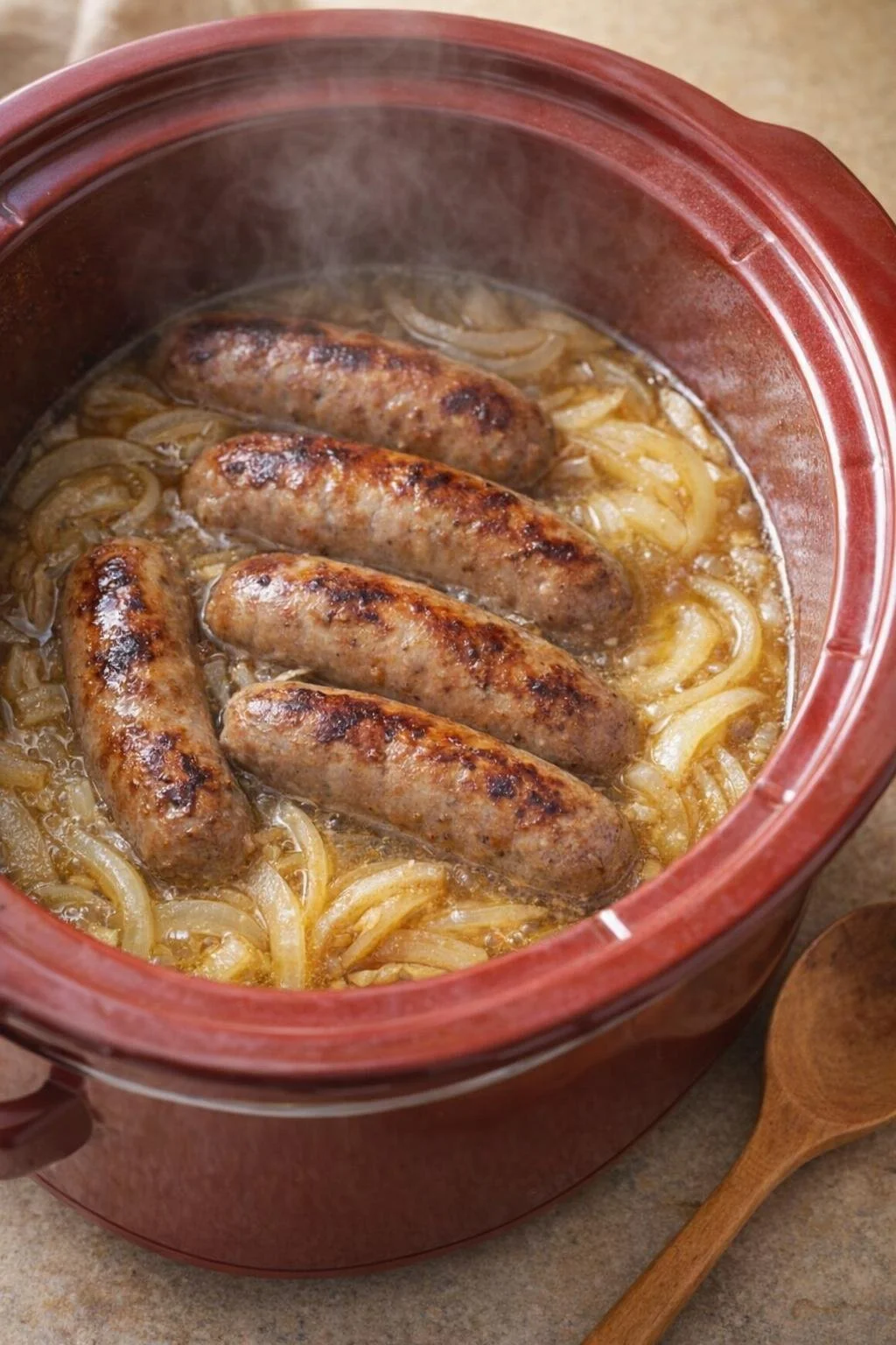 Delicious slow cooker 3 ingredient beer brats served in a bun with toppings
