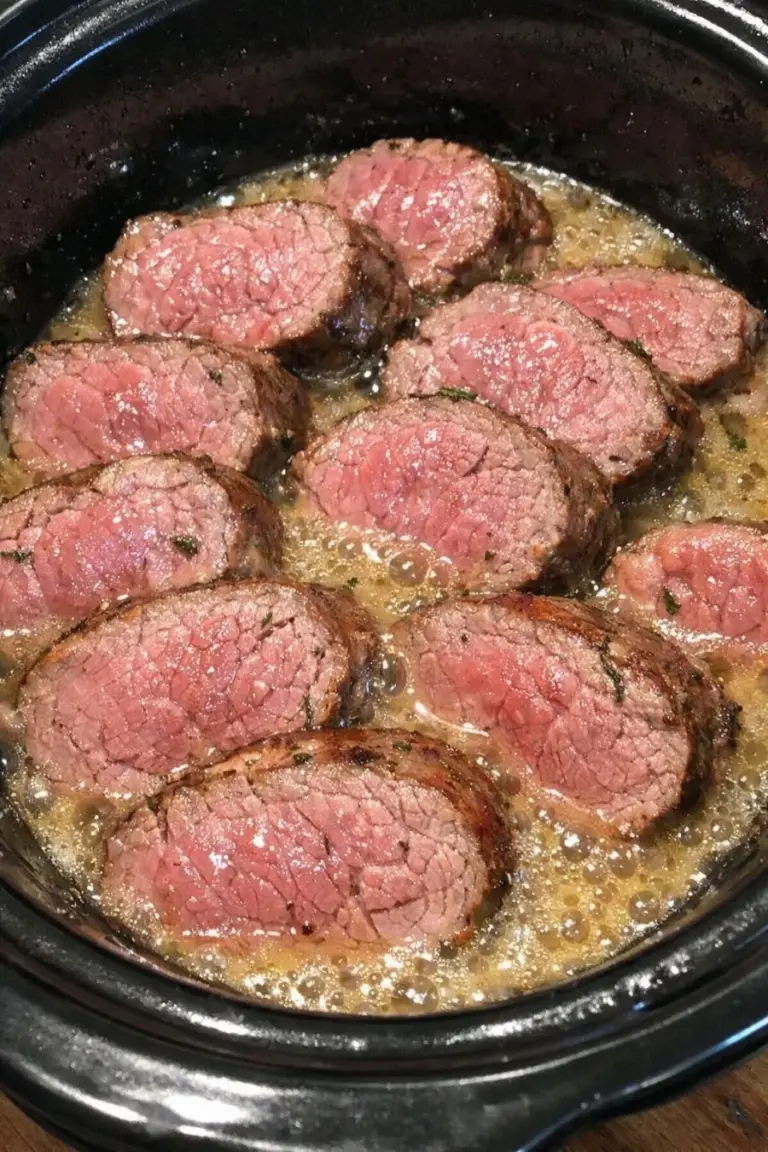 Slow Cooker Champagne Beef Tenderloin dish with gourmet presentation