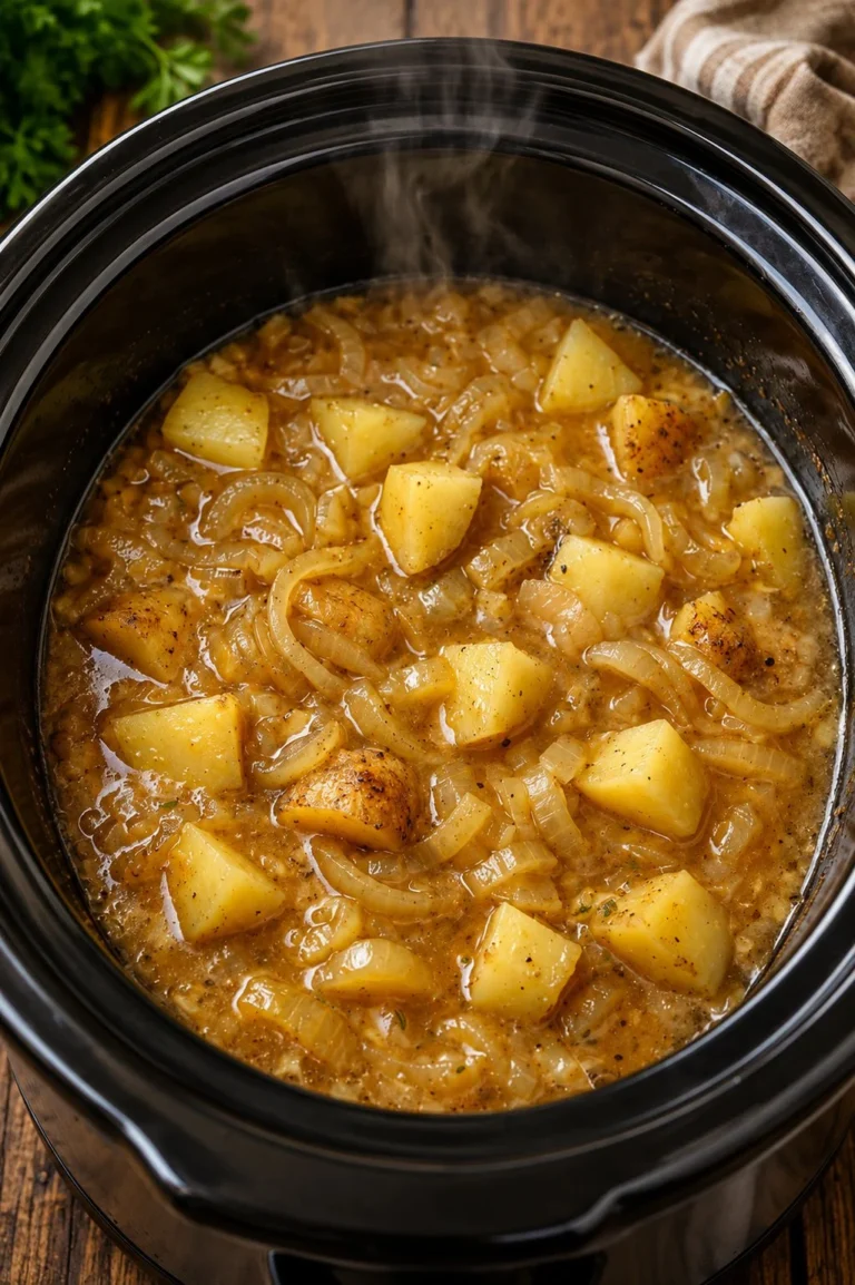 Bowl of creamy slow cooker onion and potato soup garnished with herbs