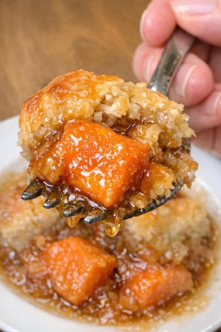 Delicious slow cooker 3-ingredient sweet potato cobbler ready to serve.