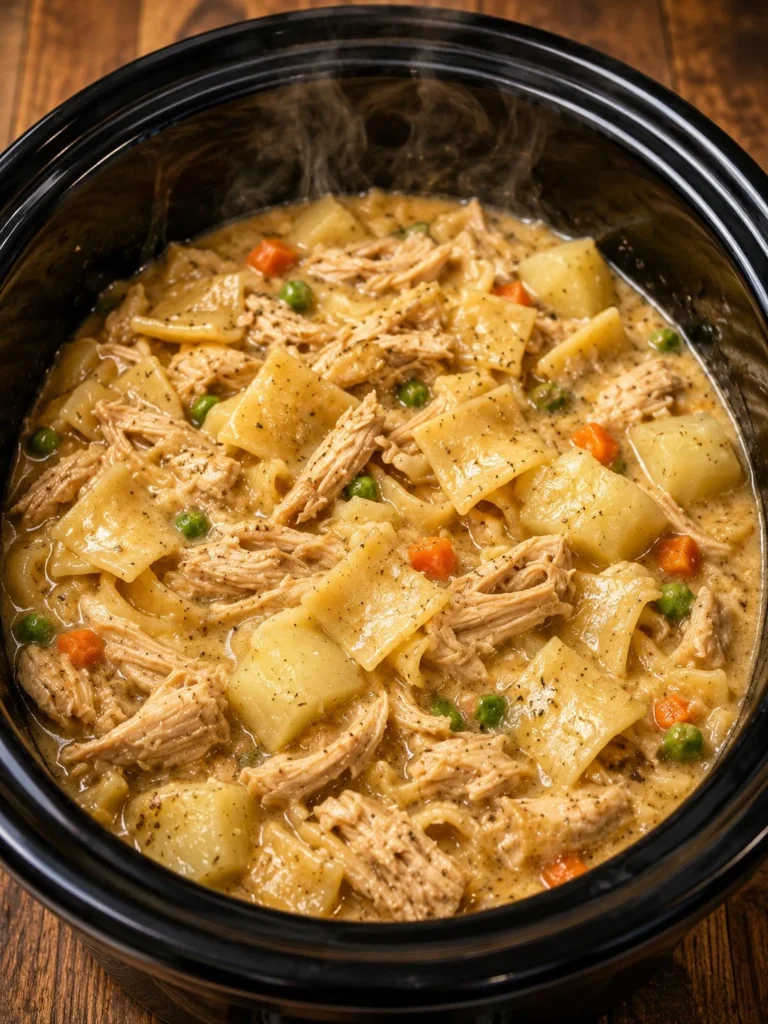 Slow cooker Amish Chicken Pot Pie made with 4 simple ingredients