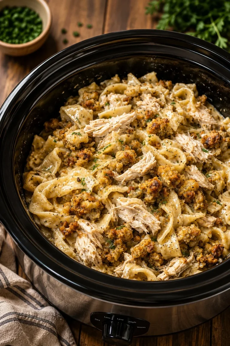 Slow Cooker 4-Ingredient Amish Chicken with stuffing and noodles dish
