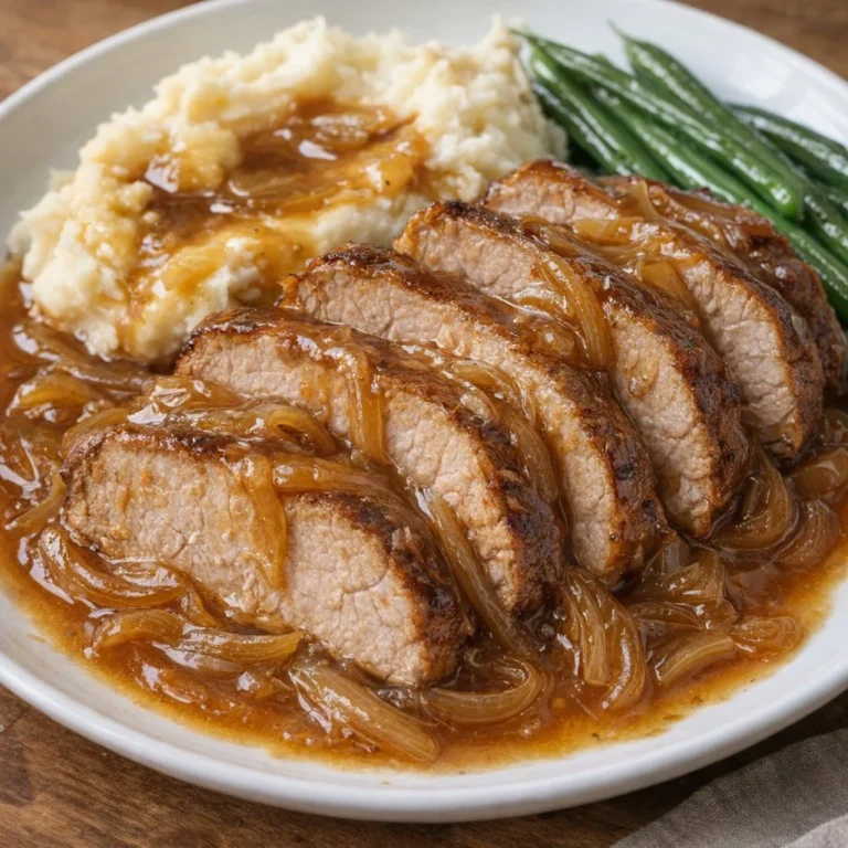 Slow cooker Amish onion gravy with pork roast and vegetables in a pot