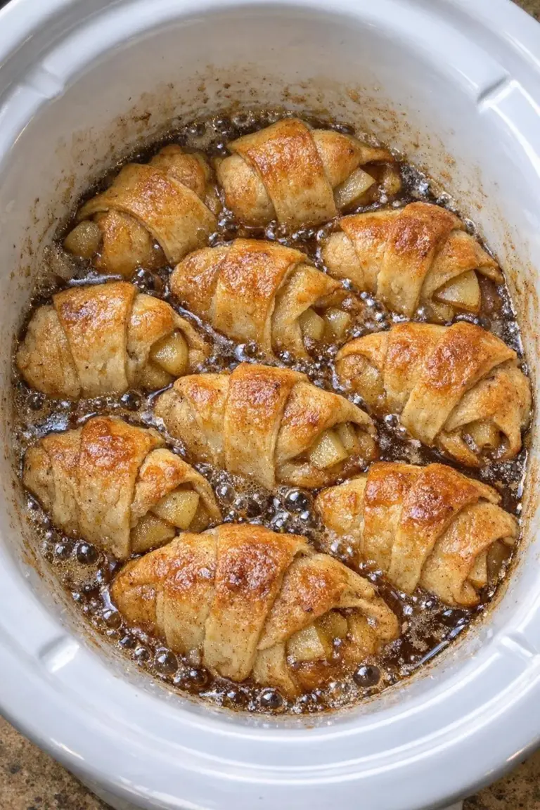 Delicious Slow Cooker 4-Ingredient Apple Dumplings served with caramel sauce.