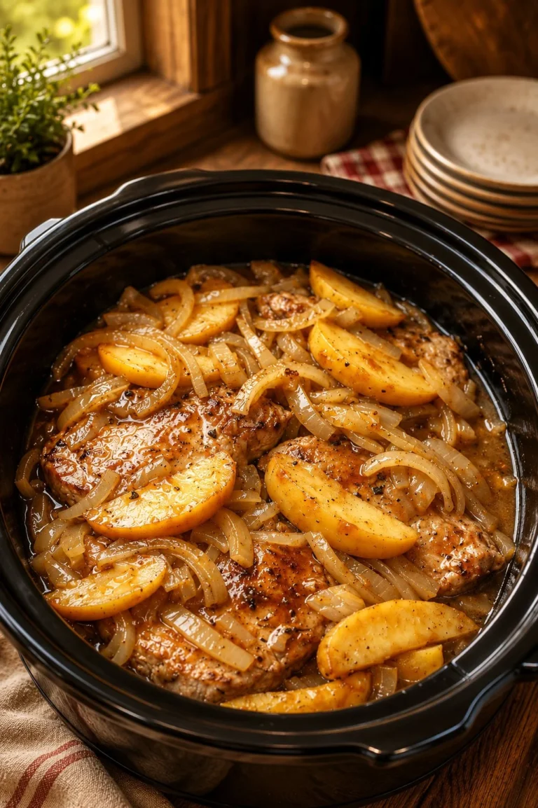 Slow Cooker 4-Ingredient Apple Onion Pork dish served on a plate