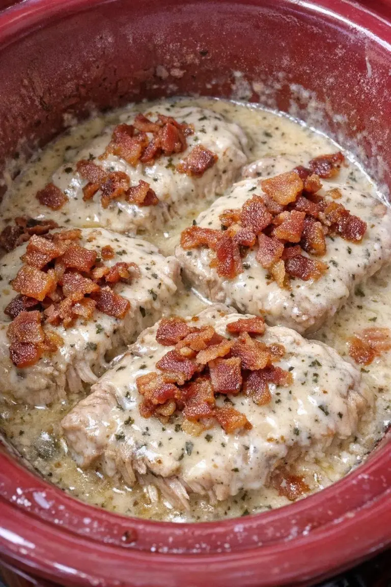 Slow Cooker Bacon Ranch Pork Chops with ingredients on a wooden table