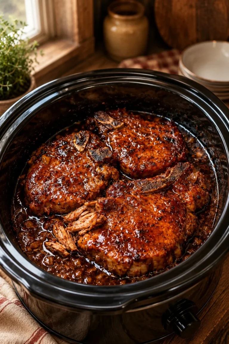 Slow cooker brown sugar pork chops cooking with just 4 ingredients