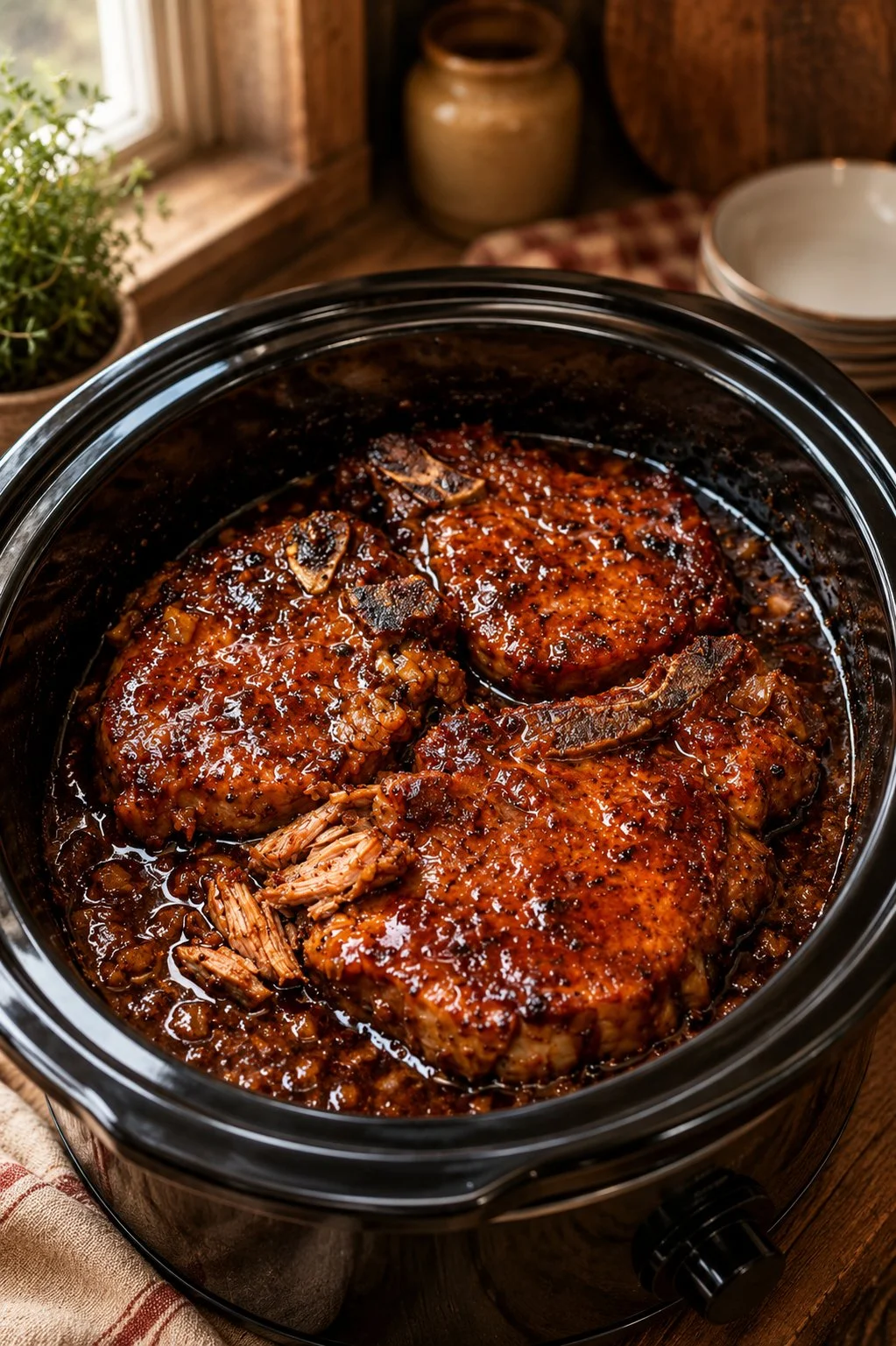 Slow cooker brown sugar pork chops cooking with just 4 ingredients