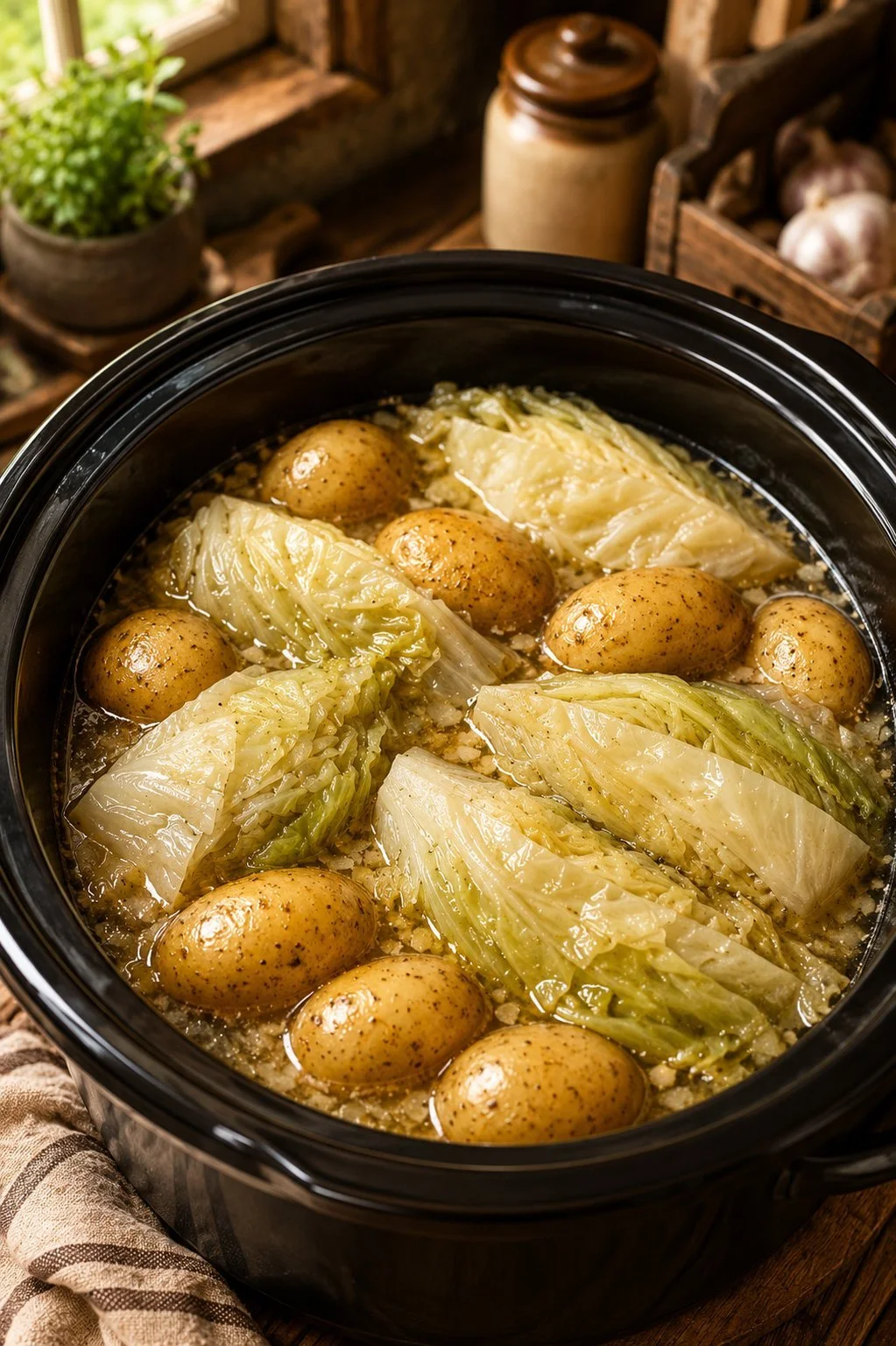 Slow Cooker Cabbage and Potato Boil with four ingredients in a bowl