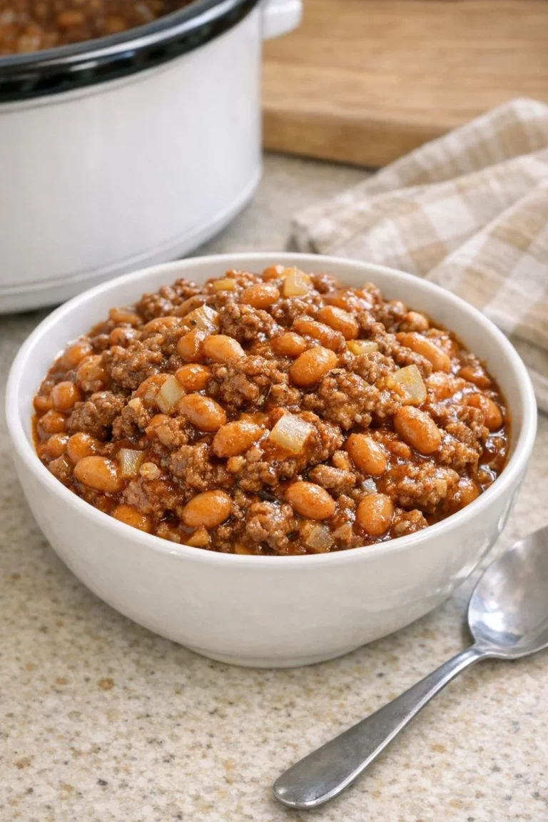 Slow Cooker 4-Ingredient Cowboy Beef and Beans in a rustic bowl